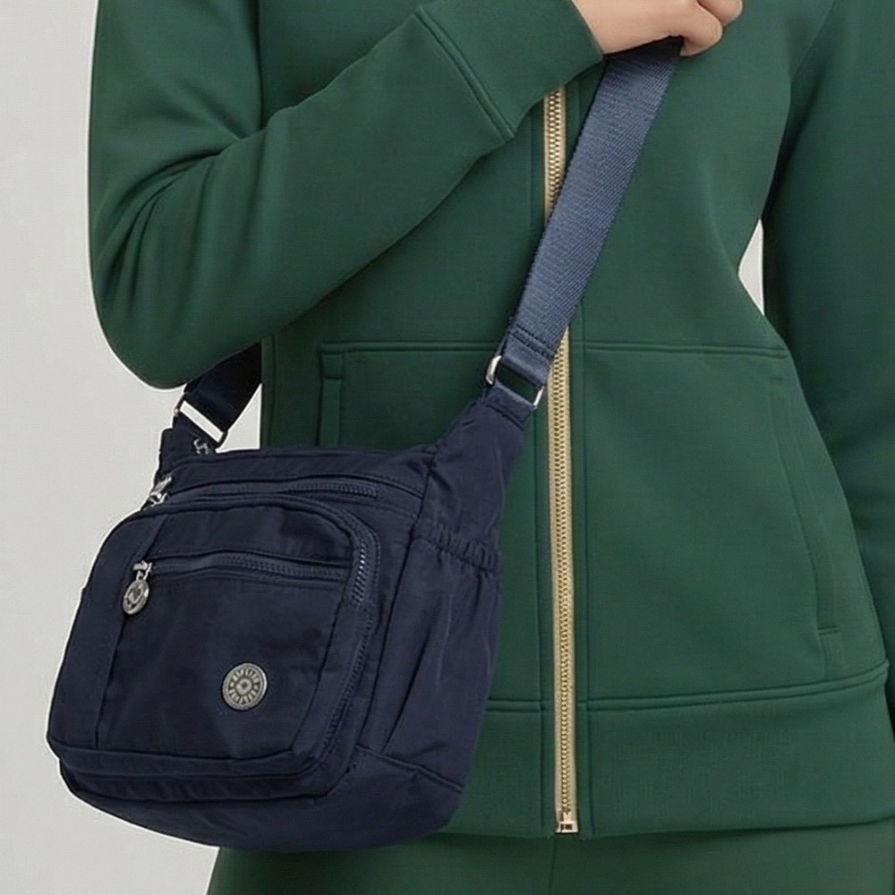 Jiel Shi Navy Blue Nylon Multi-Pocket Crossbody Bag Women Adjustable Strap
